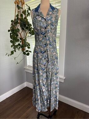 Vintage All That Jazz Floral Maxi Denim Collar Size 7/8